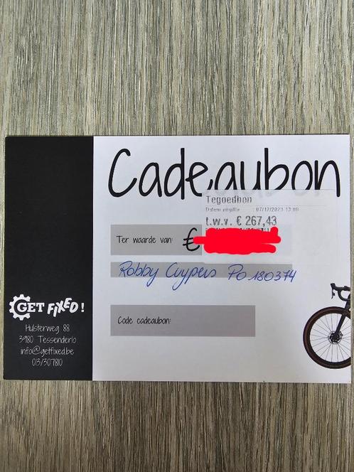 Cadeaubon twv 267€ fietsenwinkel get fixed!, Tickets en Kaartjes, Kortingen en Cadeaubonnen, Cadeaubon