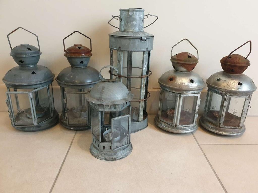 6x vintage metaal staal theelicht houder lantaarn gebruikt, Ophalen, Zwart, Metaal