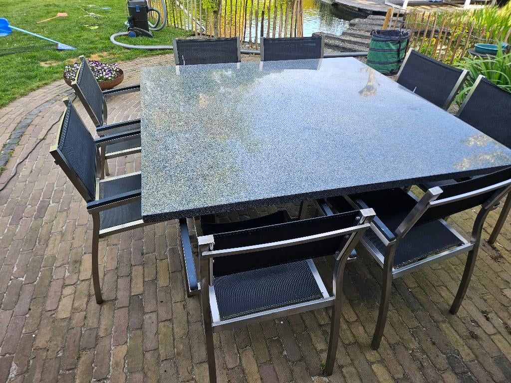 Tuintafel graniet + stoelen, Tuin en Terras, Ophalen, Gebruikt, Vierkant, Overige materialen