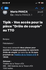 2 places pour l’avant-première de Drôle de couple 18/03, Tickets en Kaartjes, Twee personen