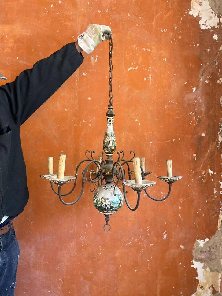 Vintage keramische kroonluchter Capodimonte-stijl, Huis en Inrichting, Lampen | Kroonluchters, Gebruikt, Glas, Metaal, Ophalen