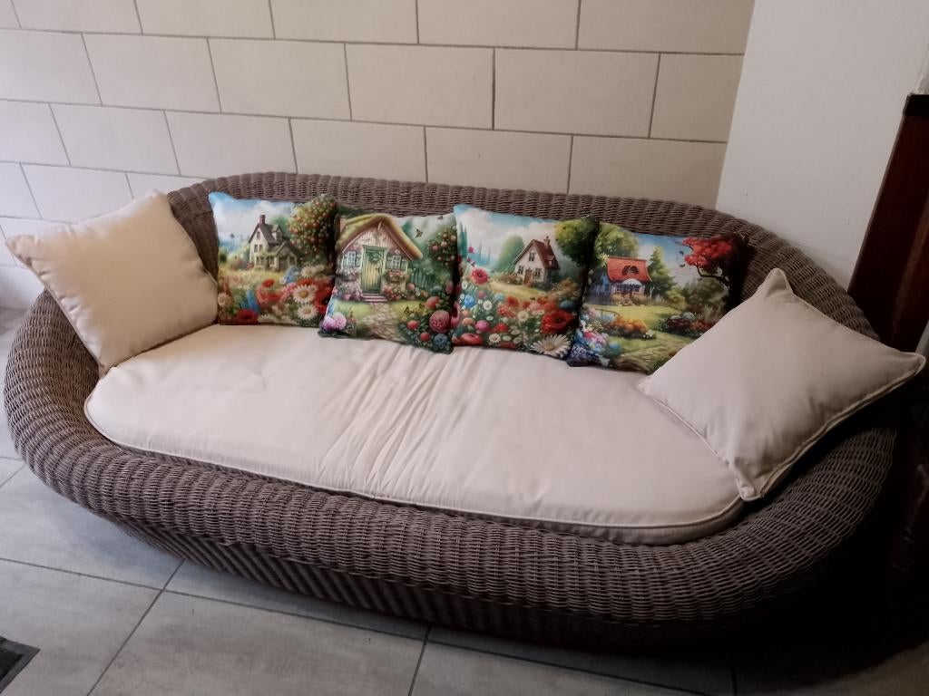 Canapé 3 places en résine tressée imitation rotin 6 coussins, Enlèvement, Rotin, 3 places