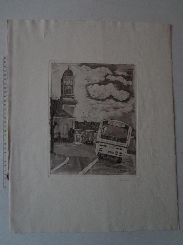 Ets van Gustaaf Prils "Bus van Van Hool" uit 1980, Antiek en Kunst, Kunst | Etsen en Gravures, Ets, Gesigneerd, Stadsgezicht, 1950 - 1999