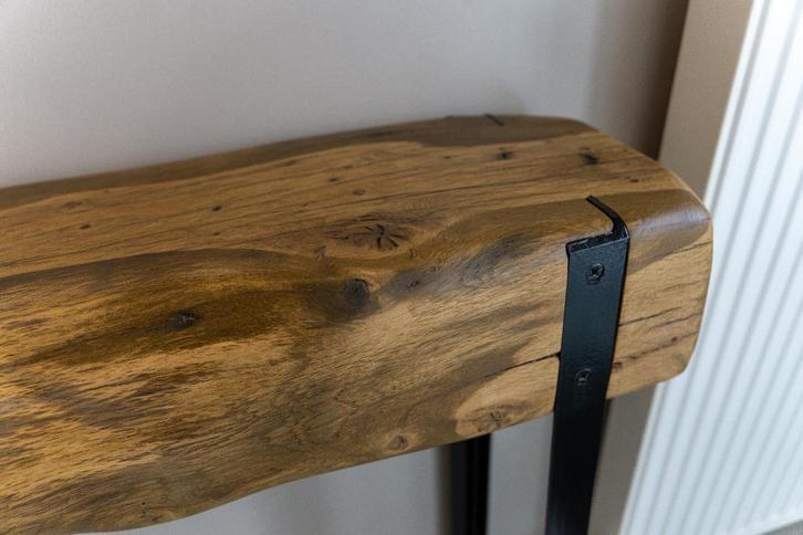 Atypische console gemaakt van oude eikenhouten haardbalk, Huis en Inrichting, Tafels | Statafels, Nieuw, Ophalen of Verzenden