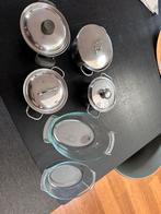 4 roestvrijstalen pannen met deksel +2 glazen Pyrex-schalen, Huis en Inrichting, Keuken | Potten en Pannen, Ophalen, Zo goed als nieuw