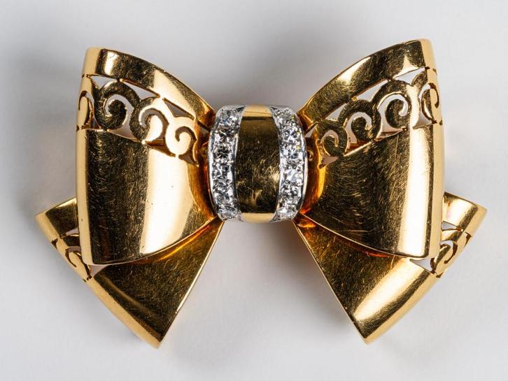Strikbroche in 18K goud en diamanten – Jaren 1950, Antiek en Kunst, Antiek | Zilver en Goud, Goud, Verzenden