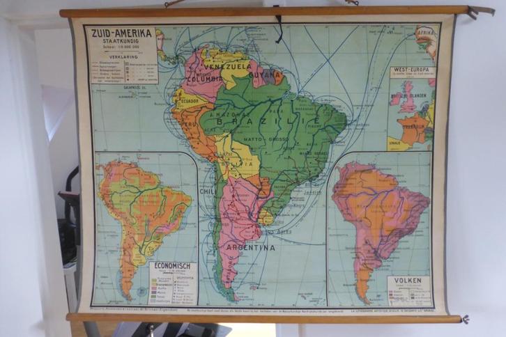 schoolkaart Zuid-Amerika DUBBELZIJDIG, Antiek en Kunst, Antiek | Schoolplaten, Aardrijkskunde, Ophalen