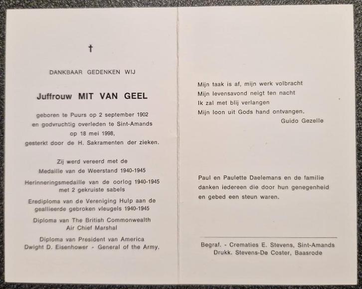 Van Geel Mit Weerstand 1940-1945, Verzamelen, Bidprentjes en Rouwkaarten, Ophalen of Verzenden