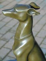 gesigneerde bronzen zittende windhondhond. SCHIP, Ophalen, Brons