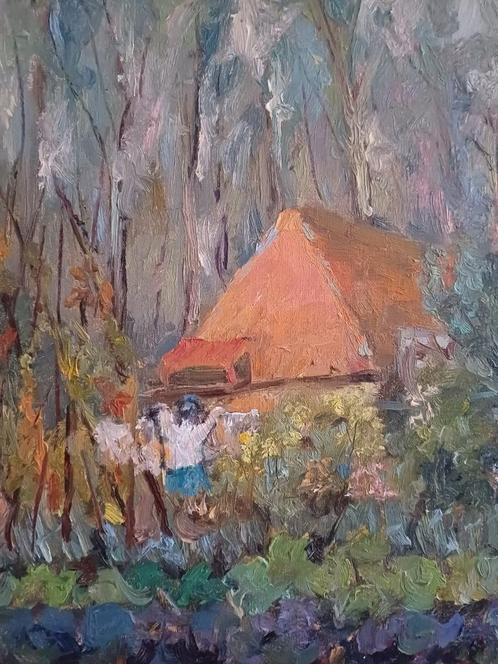 Schilderij M.VAN DEN BEMPT 30x40 "De waslijn", Antiek en Kunst, Kunst | Schilderijen | Klassiek, Verzenden