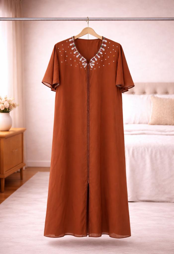 Roestbruine kaftan met steentjes – maat M/L, Kleding | Dames, Gelegenheidskleding, Zo goed als nieuw, Maat 38/40 (M), Ophalen