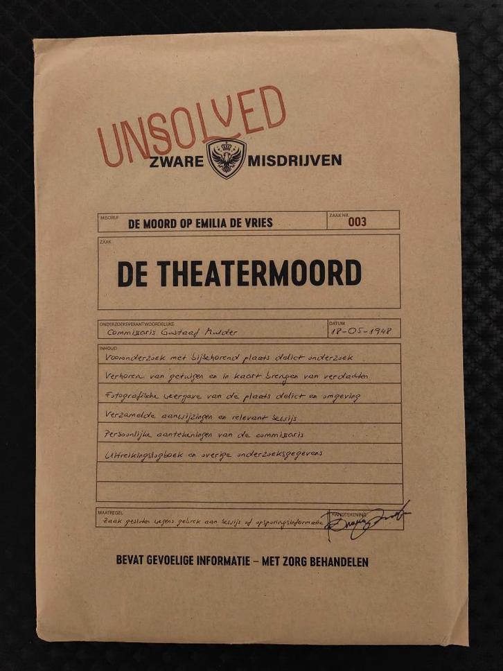 Unsolved moordmysterie spel - De theatermoord, Hobby en Vrije tijd, Denksport en Puzzels, Zo goed als nieuw, Overige typen, Ophalen of Verzenden