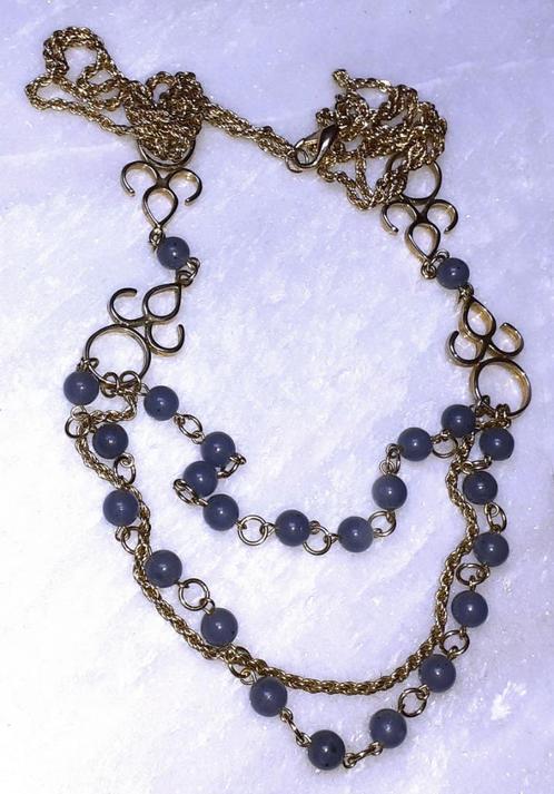 Halsketting vintage gouden laagjes met blauwe parels, Bijoux, Sacs & Beauté, Colliers, Neuf, Autres matériaux, Bleu, Envoi