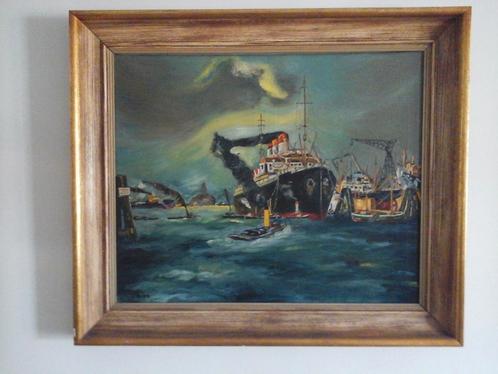 MOOI MARITIEM OLIE VERF SCHILDERIJ OP DOEK " HAVENZICHT  ", Antiquités & Art, Art | Peinture | Classique, Enlèvement