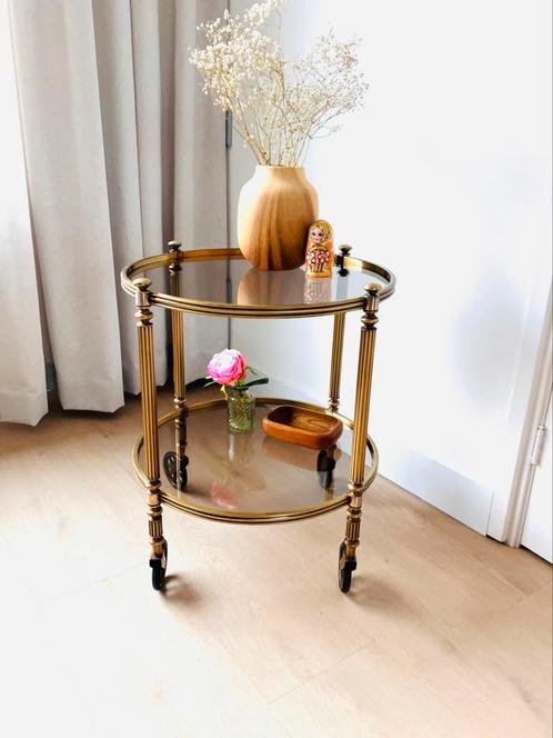 Prachtige ronde theewagen Hollywood Regency, Huis en Inrichting, Tafels | Sidetables, Zo goed als nieuw, 50 tot 75 cm, 50 tot 100 cm