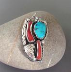 Pendentif Navajo vintage en turquoise, corail et argent 925, Enlèvement ou Envoi, Comme neuf, Avec pierre précieuse, Bleu