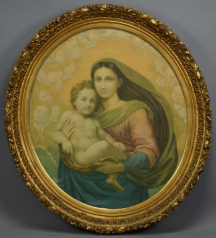 Prachtige antieke religieuze lithografie op stof – Madonna, Antiek en Kunst, Antiek | Religieuze voorwerpen, Ophalen of Verzenden