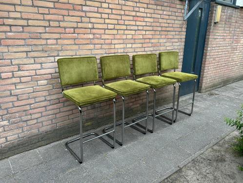 4 Ribstof Barkrukken met Chrome Buisframe, Huis en Inrichting, Barkrukken, Zo goed als nieuw, 90 cm of meer, Metaal, 4 krukken
