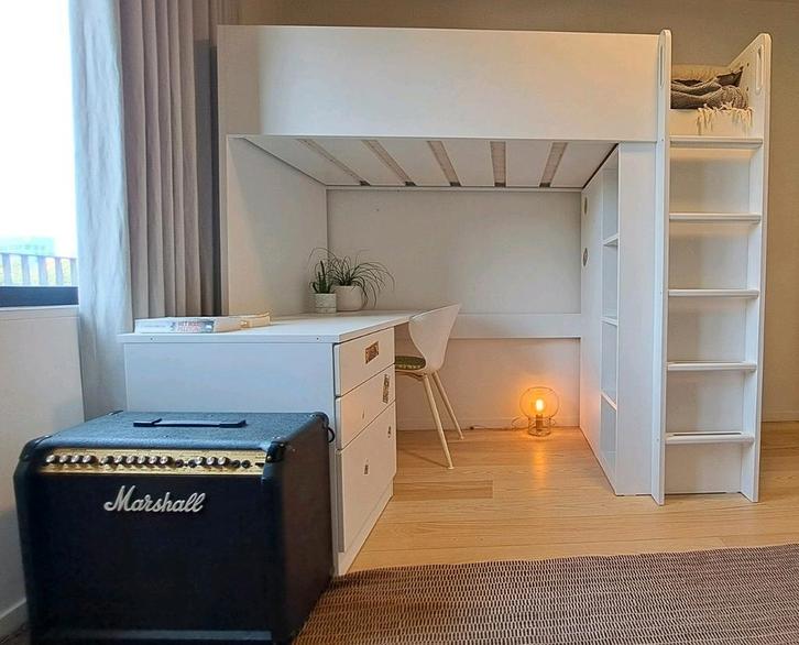 Hoogslaper met bureau en opbergruimte – wit, Huis en Inrichting, Slaapkamer | Complete slaapkamers, Zo goed als nieuw, Eenpersoons