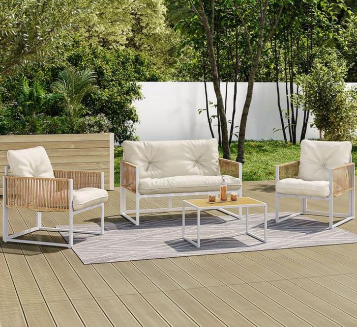4-zits Nieuwe tuinset van wit staal en rotan, Tuin en Terras, Tuinsets en Loungesets, Nieuw, Tuinset, Rotan, Bank, Ophalen