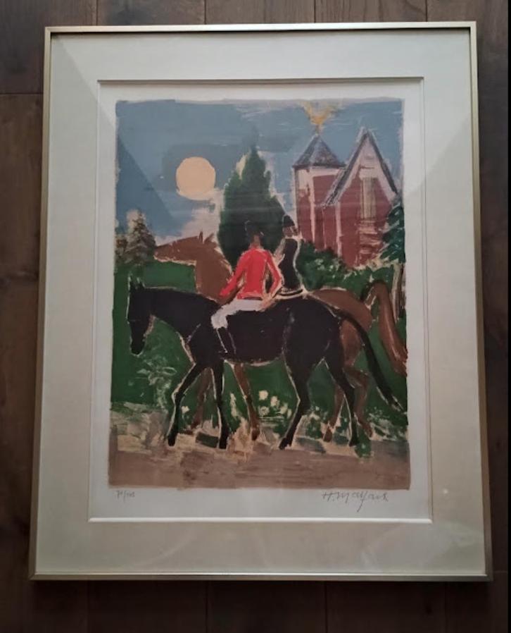 litho, leurenlitho Hubert Malfait 'Les Cavaliers' gesigneerd, Antiek en Kunst, Kunst | Litho's en Zeefdrukken, Ophalen