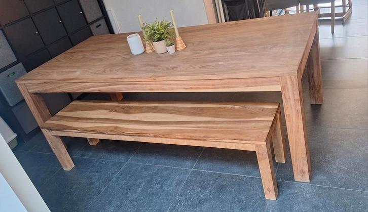 Eettafel massief teak + zitbank teak, Maison & Meubles, Tables | Tables de salon, Enlèvement