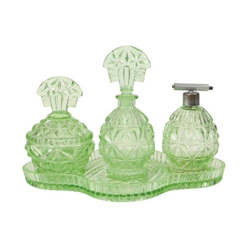 Groene Kristallen Toiletset Boudoirset Art Deco Stijl Parfum, Antiek en Kunst, Antiek | Glaswerk en Kristal, Ophalen of Verzenden