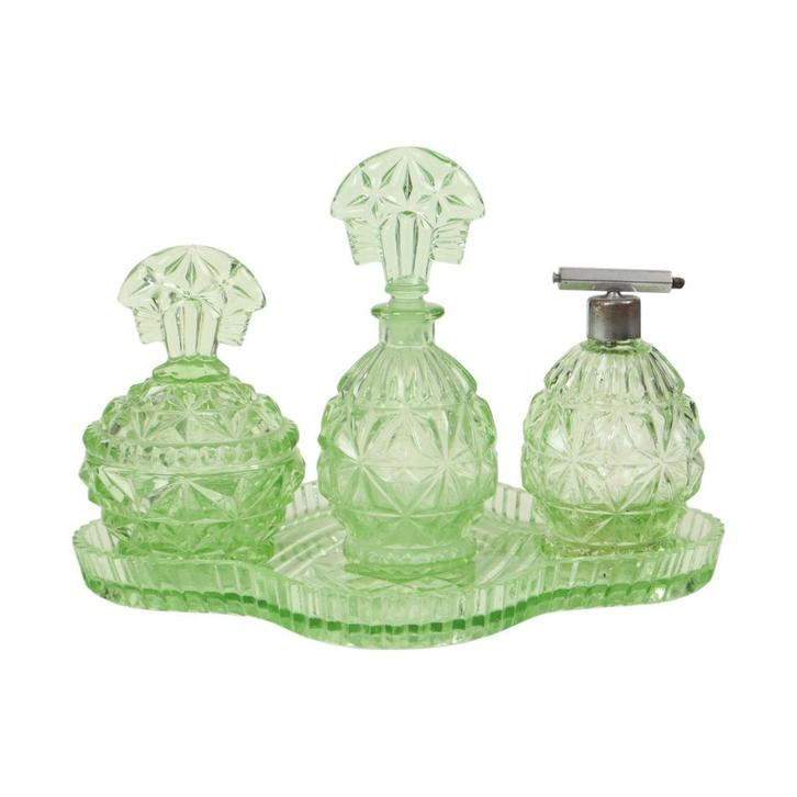 Groene Kristallen Toiletset Boudoirset Art Deco Stijl Parfum, Antiek en Kunst, Antiek | Glaswerk en Kristal, Ophalen of Verzenden