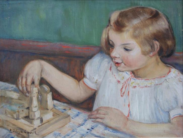 Emile Thysebaert (1873-1963): Spelend meisje (62 x 52 cm), Antiek en Kunst, Kunst | Schilderijen | Klassiek, Ophalen of Verzenden