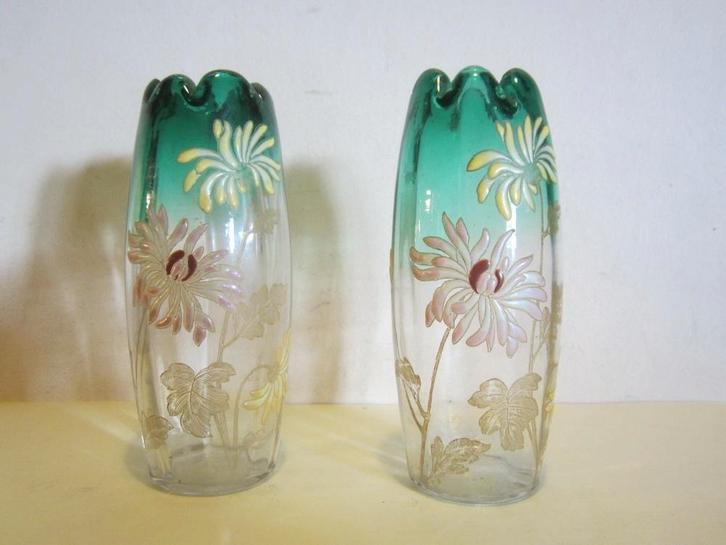 2 antieke Legras Montjoye vazen, bloemen email,ca 1910, Antiek en Kunst, Antiek | Glaswerk en Kristal, Verzenden
