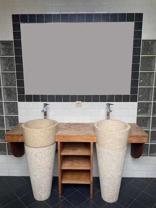 Dubbele wastafel met 2 kranen, Huis en Inrichting, Badkamer | Badkamermeubels, Gebruikt, Wastafelkast, Minder dan 100 cm, 150 tot 200 cm