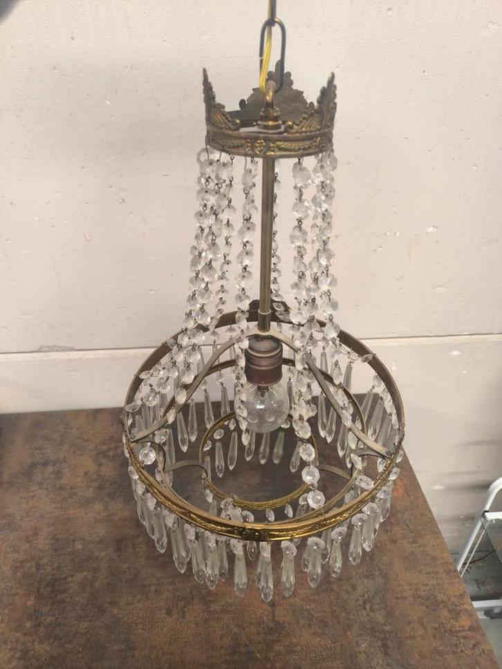 Antieke plafonnière – Empire stijl – messing & kristal, Antiek en Kunst, Antiek | Verlichting, Ophalen