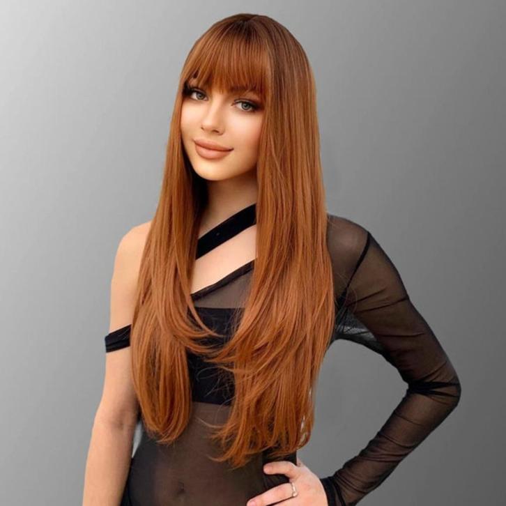 Pruik lang haar grove slag koper rood met pony model Anna, Handtassen en Accessoires, Uiterlijk | Haarverzorging, Nieuw, Verzenden