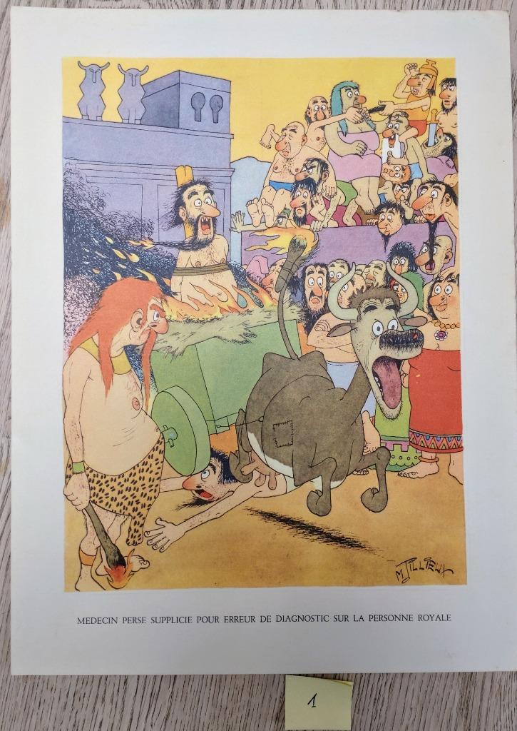 9 prenten Maurice Tillieux "Le medecin travers les âges", Verzamelen, Foto's en Prenten, Gebruikt, Prent, Overige onderwerpen