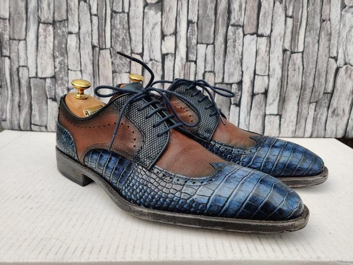 Giorgio croco herenschoenen - Blauw met cognac - Maat 42,5, Kleding | Heren, Schoenen, Zo goed als nieuw, Veterschoenen, Blauw