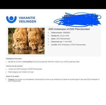 2 tickets voor Planckendael geldig tot eind juni, Tickets & Billets
