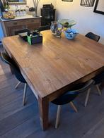 Tafel vierkant teak 1,4m op 1,4m + 6 stoelen, Huis en Inrichting, Ophalen, Zo goed als nieuw