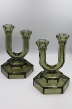 2 art deco kandelaars in olijfgroen glas, Ophalen of Verzenden