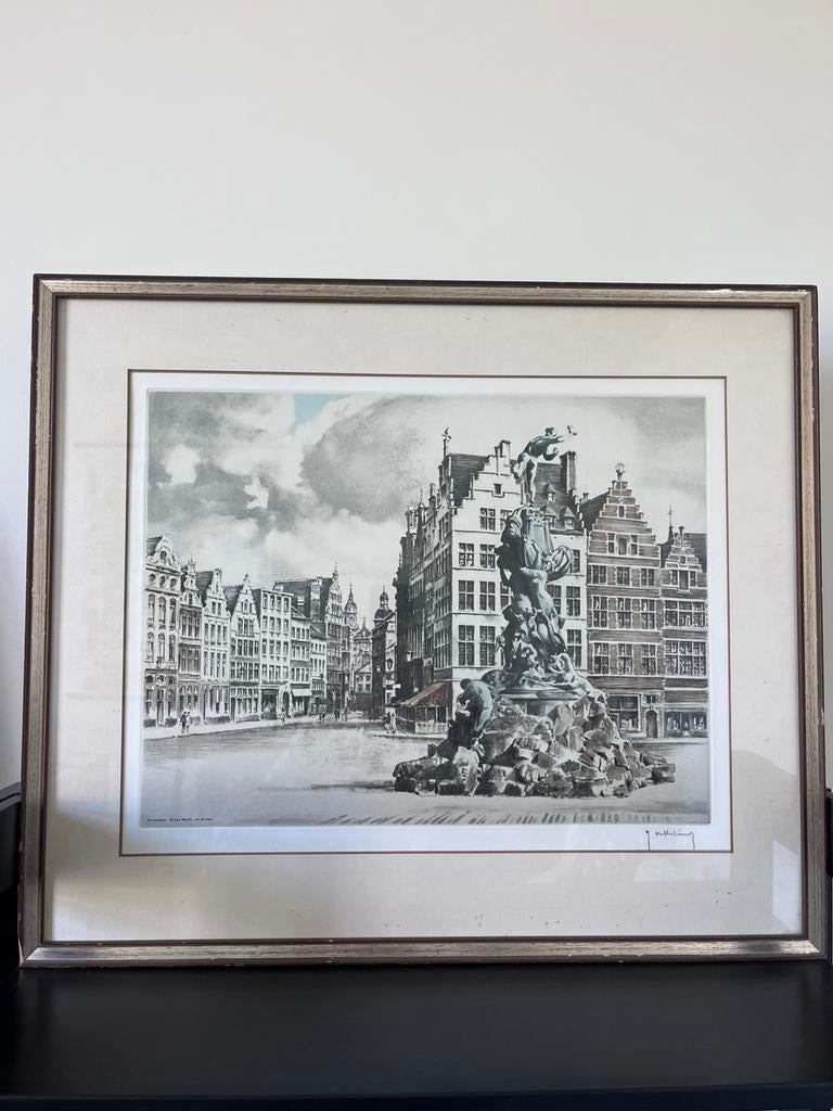 Belle gravure en couleur Roger Hebbelinck Antwerp (signée), Enlèvement ou Envoi, Architecture, Eau-forte, Signé