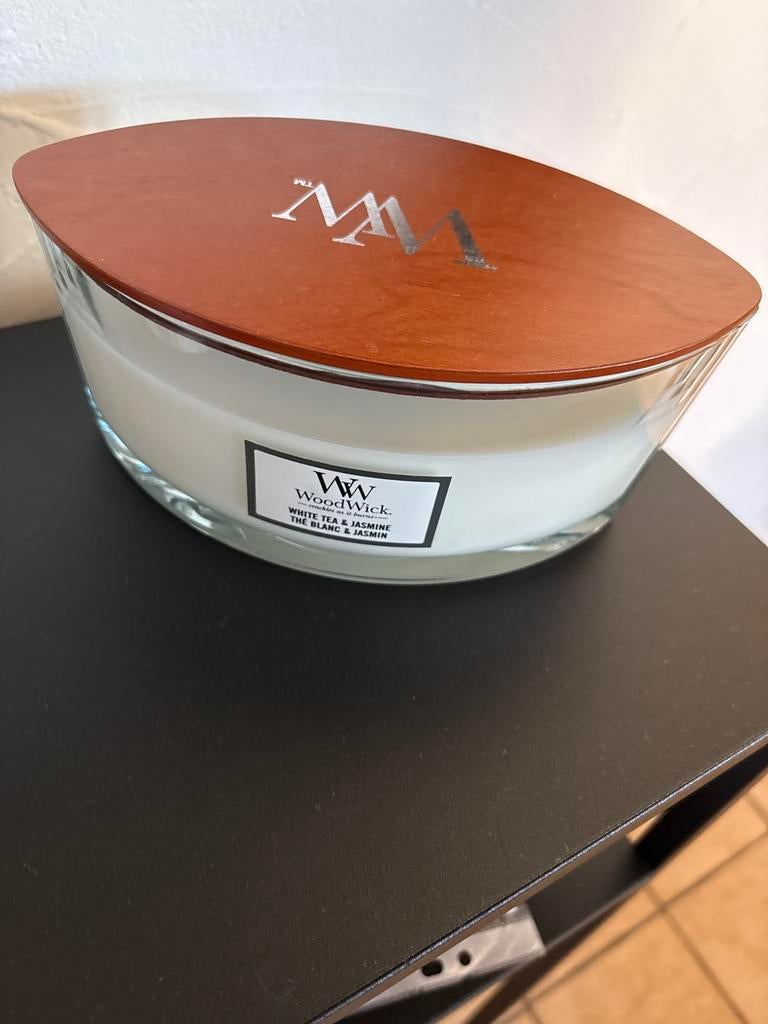 Bougie WoodWick Ellipse – White Tea & Jasmine, Enlèvement ou Envoi, Comme neuf, Bougie, Bois