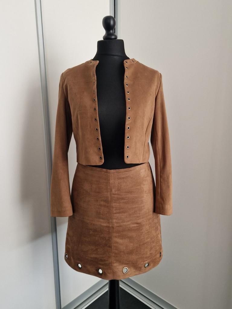 Tailleur (veste/jupe), été, femme, camaïeu, kamel, taille 40, Maat 38/40 (M), Kostuum of Pak, Bruin, Camaieu