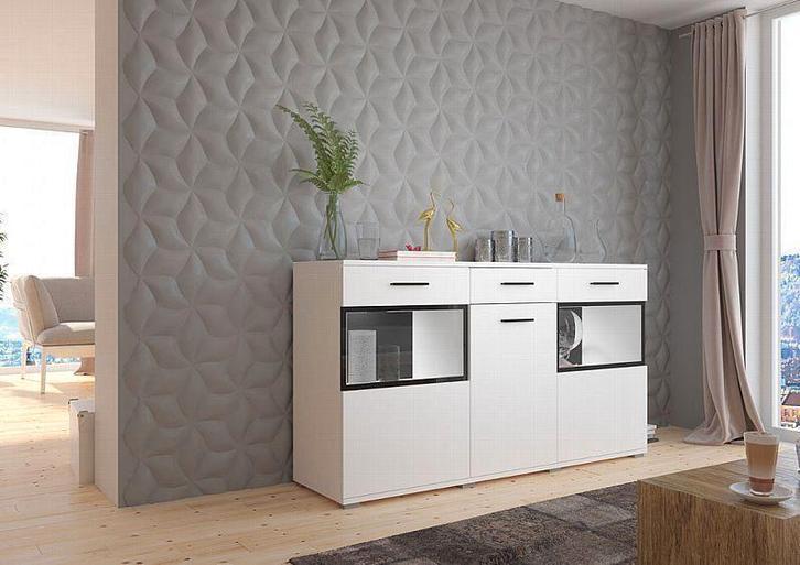 Dressoir wit met zwarte accenten, Huis en Inrichting, Kasten | Dressoirs, Nieuw, 100 tot 150 cm, 75 cm of meer, Met lade(s), Met deur(en)