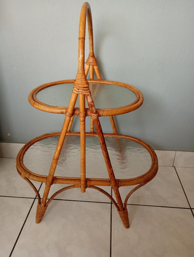 Vintage rotan/bamboe tafeltje met bewolkt glas (Tiki), Enlèvement