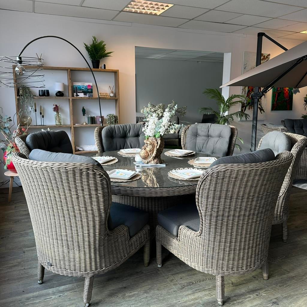 4 Seasons Outdoor (4SO) Luxe Tuinset – Ø170 cm + 6 stoelen, Ophalen of Verzenden, Zo goed als nieuw, Wicker, Tuinset