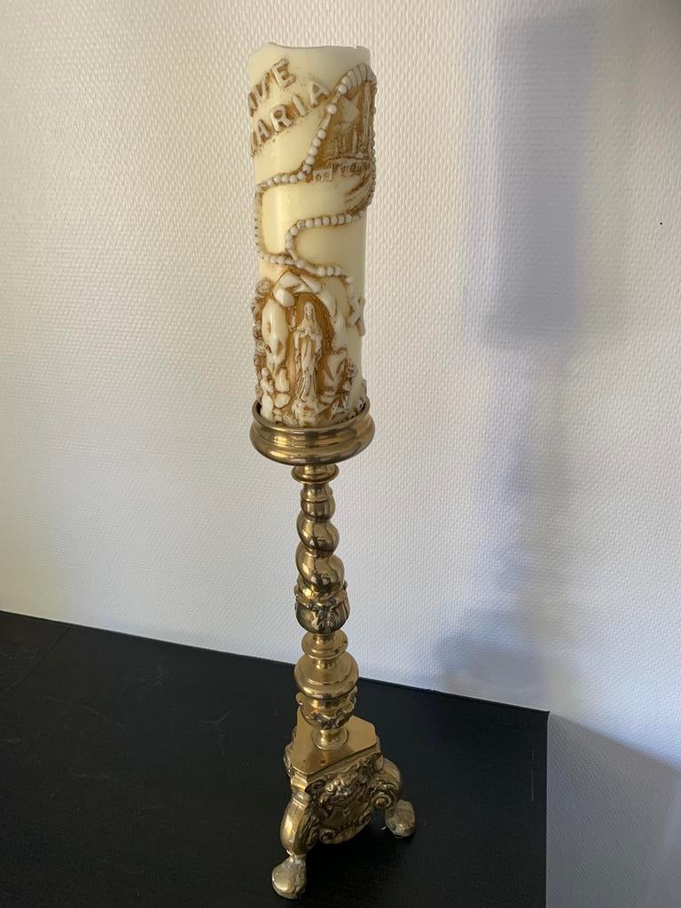 Antieke kerkelijke kandelaar + decoratieve kaars, Ophalen