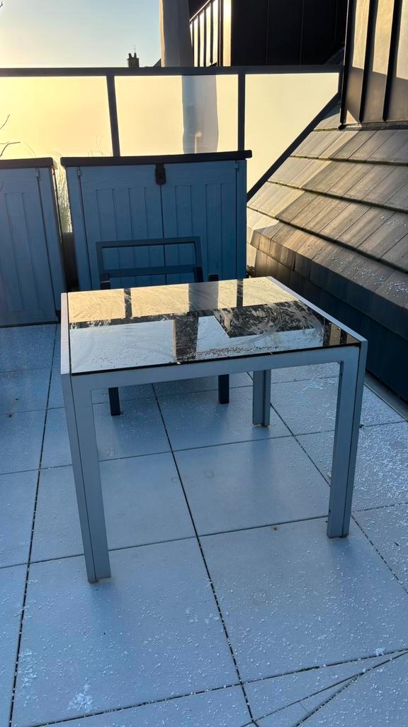 Tuintafel (alu met zwart glas), Tuin en Terras, Tuinsets en Loungesets, Gebruikt, Tuinset, Aluminium, 4 zitplaatsen, Eettafel