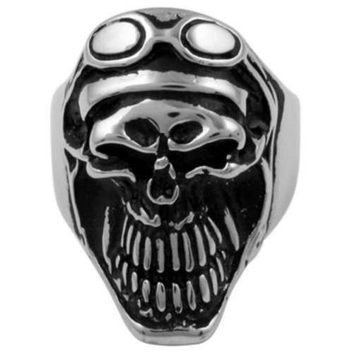 Skull met vliegeniersbril roestvrij stalen biker ring, Handtassen en Accessoires, Ringen, Nieuw, Heer, IJzer of Staal, Ophalen of Verzenden