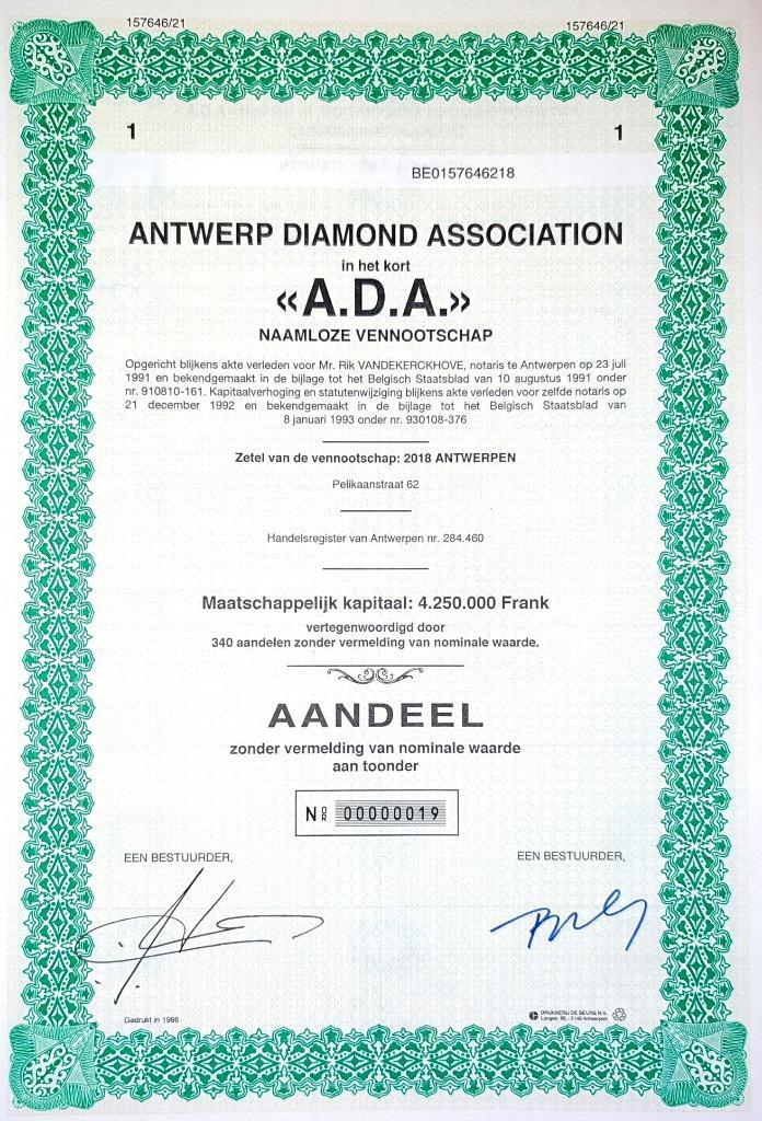 Antwerp Diamond Association 1993, Postzegels en Munten, Aandelen en Waardepapieren, Aandeel, 1970 tot heden, Ophalen of Verzenden