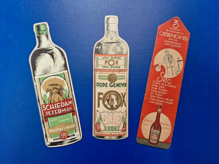 3 X bladwijzers Genever FOX Schiedam Peterman Cherry Rocher, Verzamelen, Merken en Reclamevoorwerpen, Gebruikt, Gebruiksvoorwerp