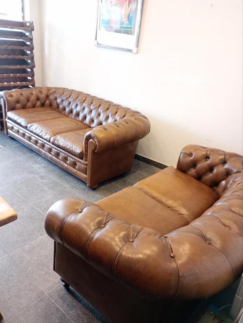 Chesterfield 3-zit, 2-zit leder, Huis en Inrichting, Zetels | Zetels en Chaises Longues, Zo goed als nieuw, Ophalen